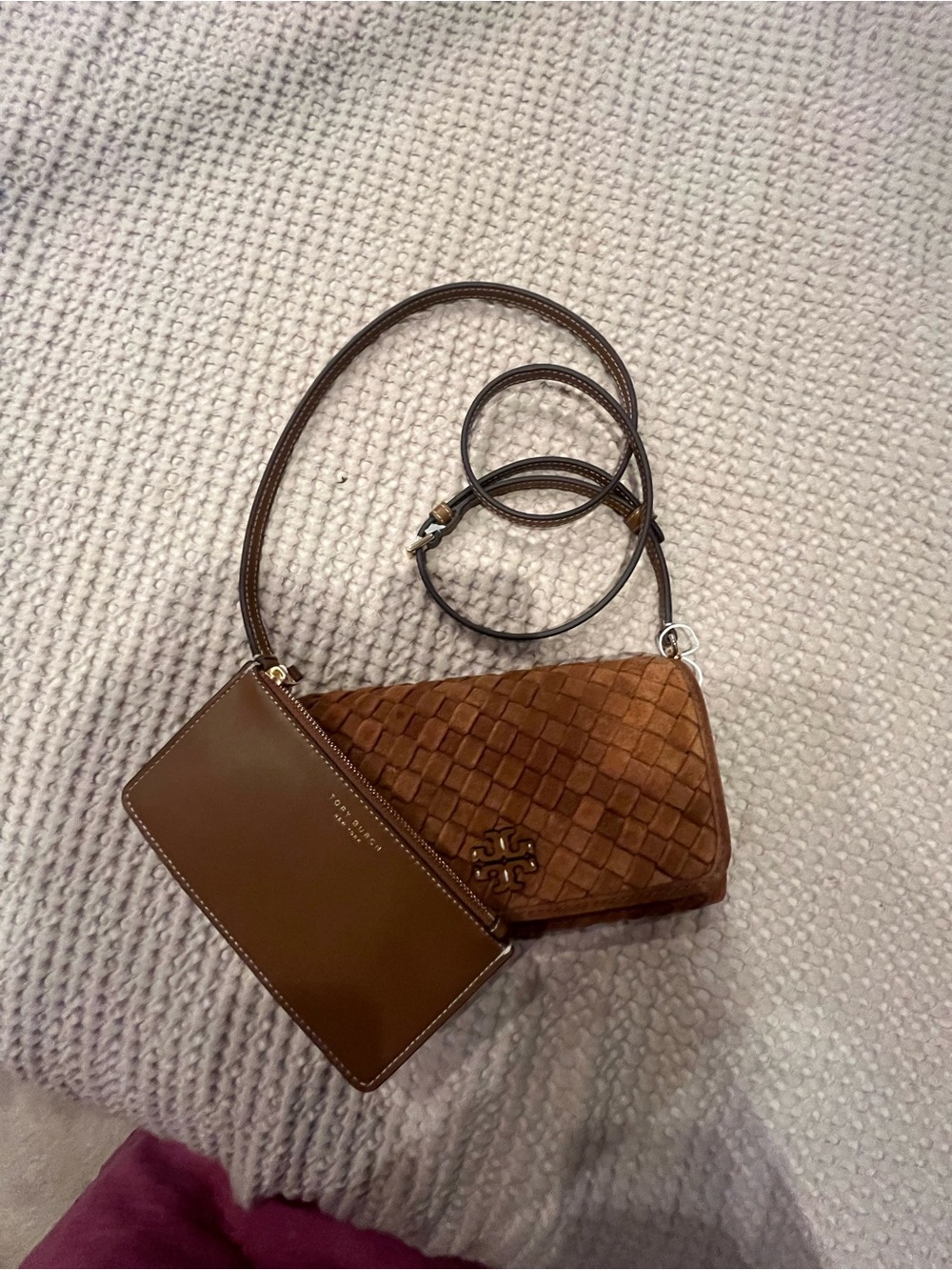Tory Burch Chestnut Brown Woven Leather Crossbody with Pouch